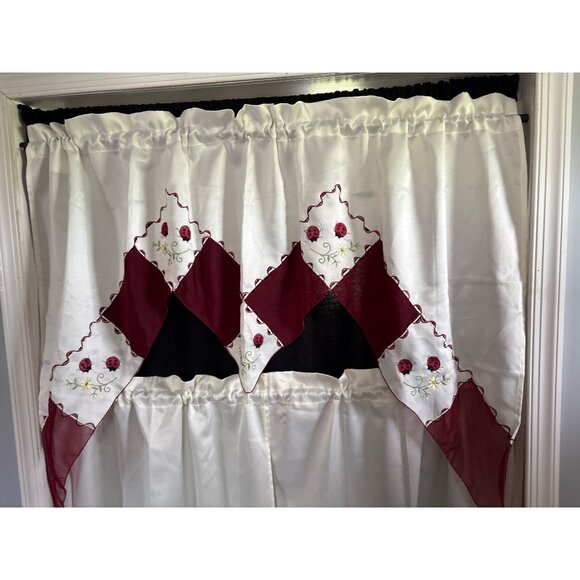 Ladybug Embroidered Cream Curtain Set with 56" Valance & 28" Tier Panels - Picture 2 of 9